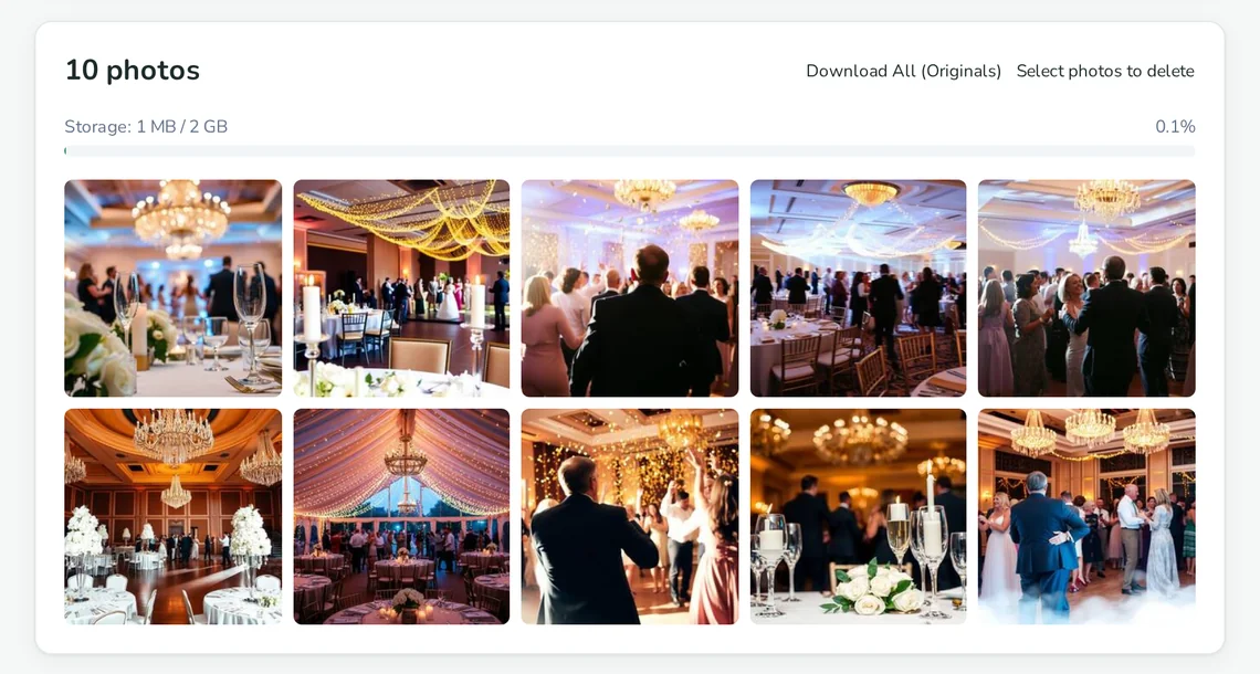 The photo album in the organiser's account, with photos uploaded by guests