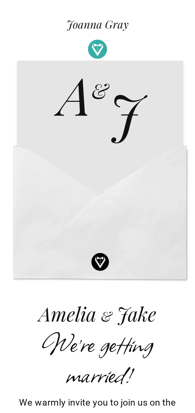 A wedding invitation open on a phone, with the guest's name at the top